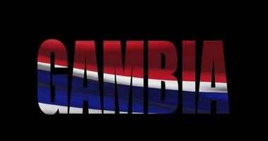 Gambia country name with national flag waving. Graphic layover video