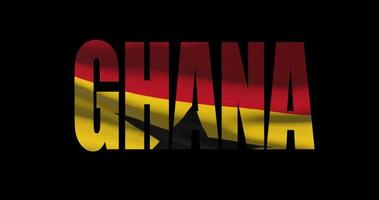 Ghana country name with national flag waving. Graphic layover video