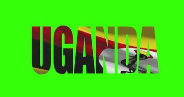 Uganda country lettering word text with flag waving animation on green screen 4K. Chroma key background video