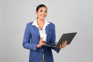 Young beautiful woman in formal clothing for officer on white background photo