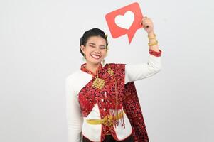 Young beautiful woman in Thai lanna costume with card card in heart symbol photo