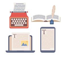 Writing set icons. International authors day. Writer profession concept. Text typing, posting, writing books on laptop, smartphone, typewriter, manuscript, feathe pen and ink. Vector flat illustration