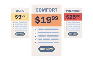 Tariff plans. Price list options plans for online services. Pricing table for business with three plan type. Vector flat illustration