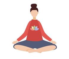 Woman in lotus position meditates. Yoga, meditation, relaxation, rest, healthy lifestyle concept. Vector flat illustration