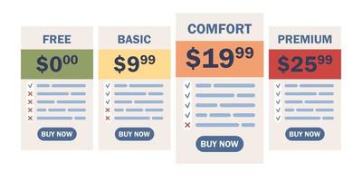 Tariff plans. Price list options plans for online services. Pricing table for business with four plan type. Vector flat illustration