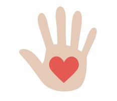 Hand heart icon. Human palm heart inside. Volunteer, charity, social assistance symbol. Vector flat illustration