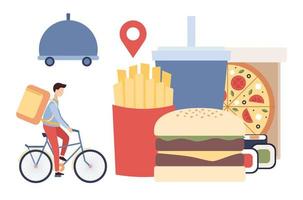 Food delivery icons. Bicycle courier. Fast food set pizza, burger, sushi, french fries, beverage. Vector flat illustration