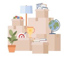 Moving to new house concept. Relocation symbol. Paper cardboard boxes with various household items. Package for transportation. Vector flat illustration