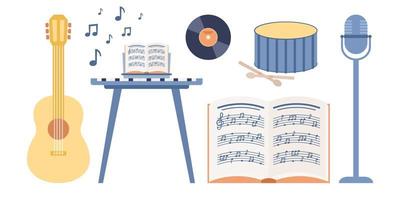 Musical instruments icon. Music book, microphone, guitar, keyboard, synthesizer, drum, vinyl. Vector flat illustration