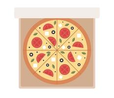 Pizza in open cardboard box icon. Pizza with tomate, olives, basil, cheese top view. Delivery food. Vector flat illustration