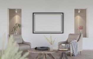 3D mockup blank photo frame in living room rendering