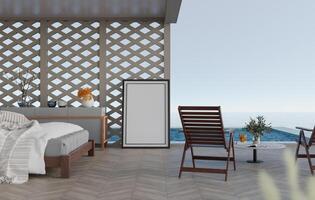 3D mockup blank photo frame in bedroom at pool villa