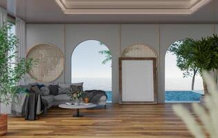 3D mockup blank photo frame in living room rendering