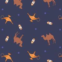 Seamless pattern on an Arabian theme. Camel on blue background with lamp and lantern. Flat vector illustration.