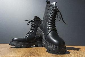 Leather Black Women's Rough Boots with Thick Soles, High Fashion Lace-up Boots photo