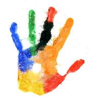 Close up of colored hand print on white photo