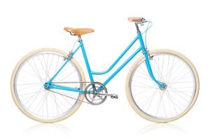 Stylish womens blue bicycle isolated on white photo