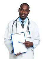 Young male smiling doctor showing clipboard with copy space for text photo