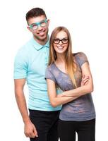Beautiful young happy couple smiling, man and woman looking at camera, isolated over white background photo