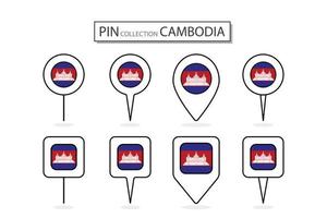 conjunto de plano alfiler Camboya bandera icono en diverso formas plano alfiler icono ilustración diseño. vector