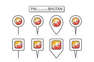 Set of flat pin Bhutan flag  icon in diverse shapes flat pin icon Illustration Design. vector