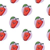 Cute Kawaii Red Bell Pepper seamless pattern in doodle style. Vector hand drawn cartoon Red Bell Pepper illustration. Hand drawn Sketch of Bell Pepper. Pattern for kids clothes.