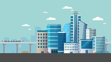 Modern city panorama with sky train.Big city landscape with cars on road flat vector illustration.Cityscape with buildings