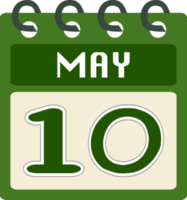 Flat icon calendar 10 of May. Date, day and month. PNG illustration. Green color banner. Free PNG.
