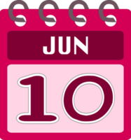 Flat icon calendar 10 of June. Date, day and month. PNG illustration. Pink color banner.