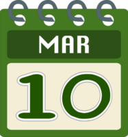 Flat icon calendar 10 of March. Date, day and month. PNG illustration. green color banner. Mar 10. Free PNG.