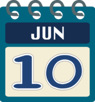Flat icon calendar 10 of June. Date, day and month. PNG illustration. Blue teal green color banner. Free PNG