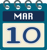 Flat icon calendar 10 of March. Date, day and month. PNG illustration. Blue teal green color banner, Free PNG.