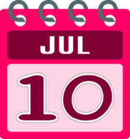 Flat icon calendar 10 of July. Date, day and month. PNG illustration . Pink color banner. 10 Jun. 10th of Jul. Free PNG.