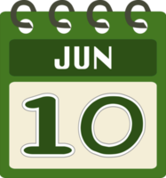 Flat icon calendar 10 of June. Date, day and month. PNG illustration. Green color banner. Free PNG.