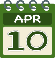 Flat icon calendar 10 of April. Date, day and month. PNG illustration . Green color banner. 10 Apr. 10th of Apr. Free PNG.