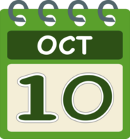 Flat icon calendar 10 of October. Date, day and month. PNG illustration . Green color banner. 10 Oct. 10th of Oct. Free PNG.