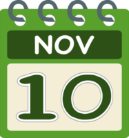 Flat icon calendar 10 of November. Date, day and month. PNG illustration . green color banner. 10 Nov. 10th of Nov. Free PNG. Free calendar.