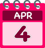 Flat icon calendar 4 of April. Date, day and month. PNG illustration . Pink color banner. 4. Jun. 4th of Apr. Free PNG. Free calendar.