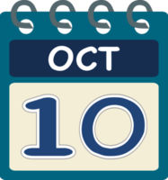 Flat icon calendar 10 of October. Date, day and month. PNG illustration . Blue teal green color banner. 10 Oct. 10th of Oct. Free PNG.