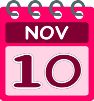 Flat icon calendar 10 of November. Date, day and month. PNG illustration . pink color banner. 10 Nov. 10th of Nov. Free PNG. Free calendar