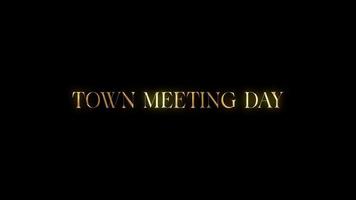 Town meeting day text animation with golden texture effect. Seamless loop video