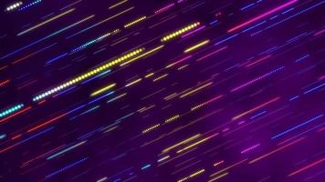 Glowing colorful neon lines and dashed lines and dots gently moving diagonally across the frame on a purple gradient background. Full HD, looping abstract motion background animation. video