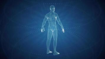 Lone 3D digital holographic human man rotating in abstract blue cyberspace virtual reality with dashed geometric circles. Full HD and looping HUD styled technology concept motion background. video