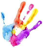 Close up of colored hand print on white photo