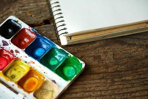 Art of Painting. Painting set with brushes, paints, watercolor, acrylic paint top down view photo