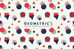 Geometric memphis red and dark blue shapes on a white background seamless repeat vector pattern