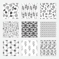 A set of floral abstract patterns. Black line art shapes. White background. Seamless repeat vector pattern