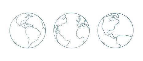 Set of hand drawn icons of the flat planet Earth. Vector illustration in a simple doodle style.