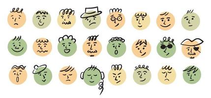 Round colored simple faces with various emotions. Cartoon style. Hand drawn vector illustration.