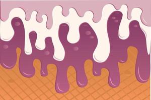 Colorful soft ice cream, delicious soft veins. Strawberry cream, melted on a waffle background. Vector illustration.